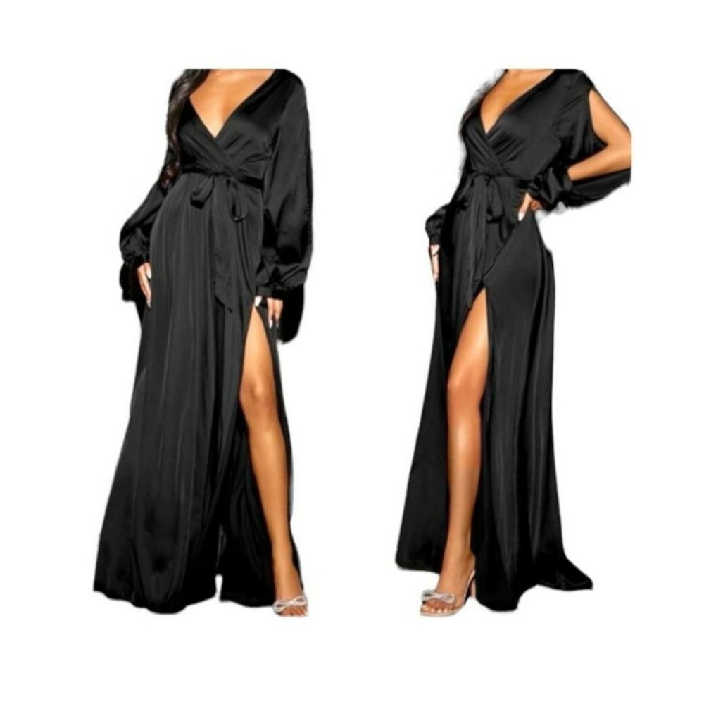 KARA AND KATE Women's Dress Luxurious Satin Split Maxi Holiday Black M NEW